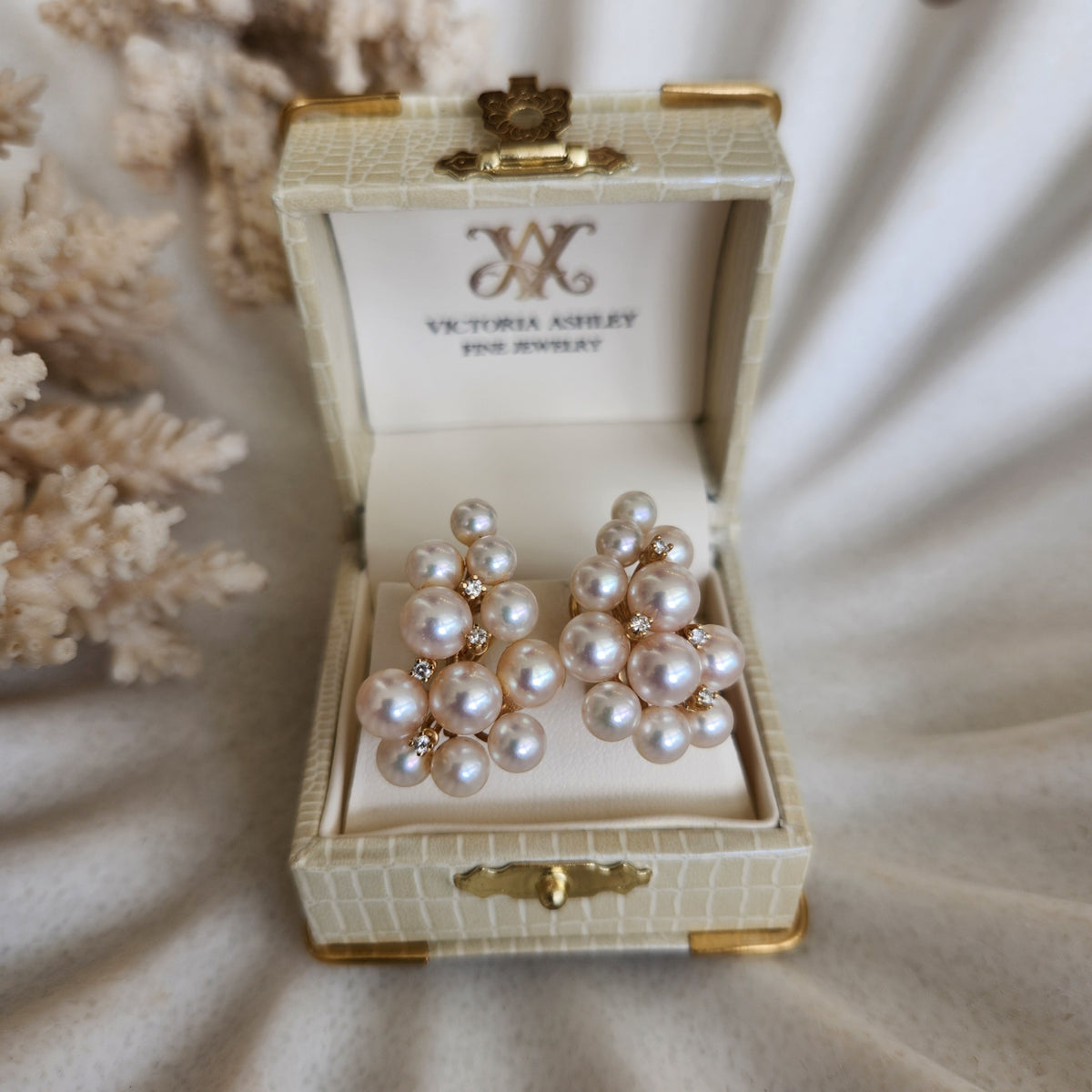 Vintage 14 Karat Yellow Gold Akoya Pearl & Diamond Cluster Earrings With Omega Backs