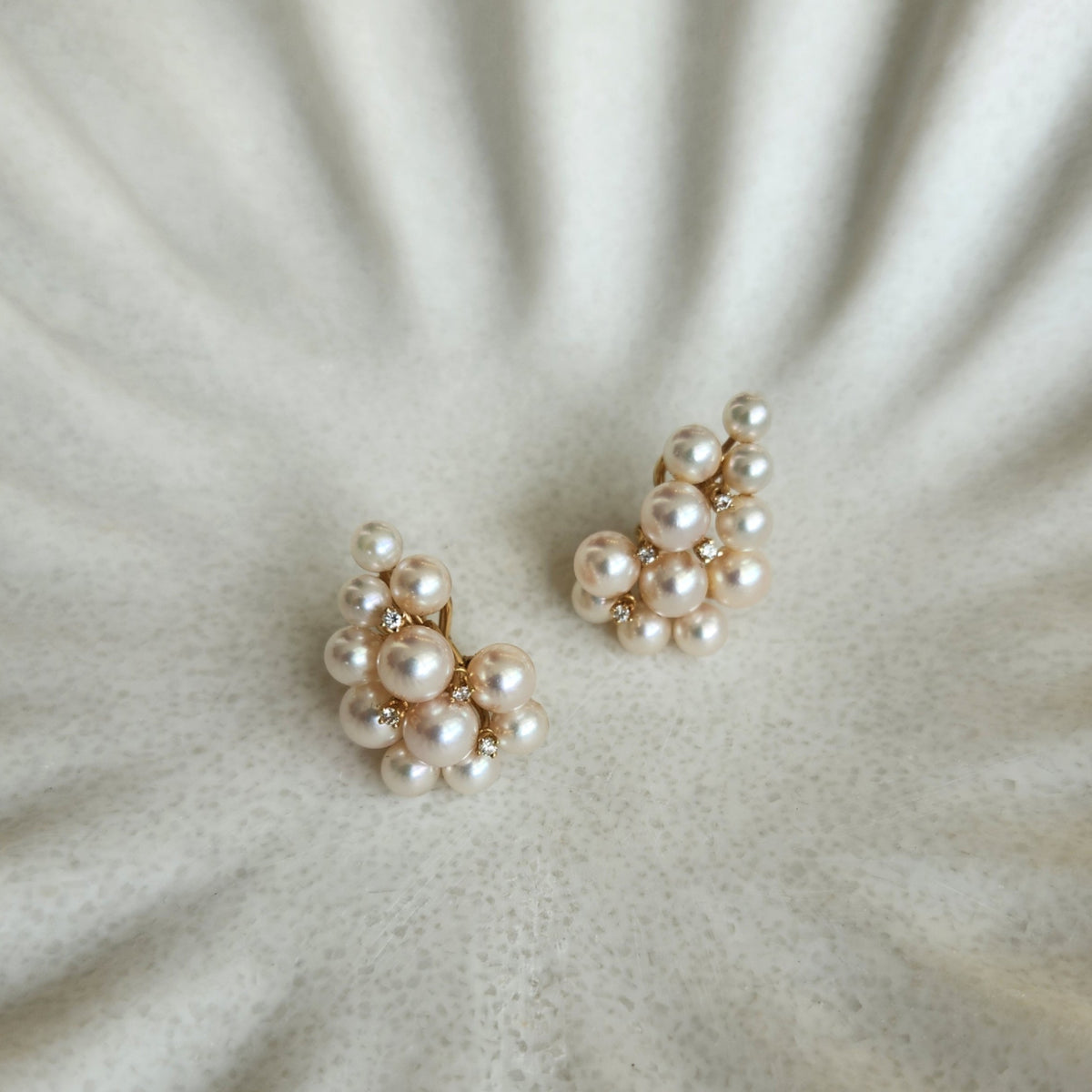 Vintage 14 Karat Yellow Gold Akoya Pearl & Diamond Cluster Earrings With Omega Backs