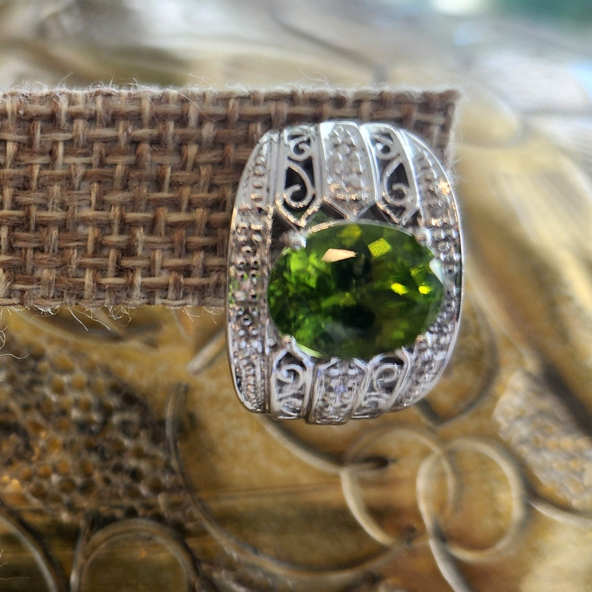 Vintage 14 Karat White Gold Peridot & Diamond Filigree Earrings With Post & Omega Backs