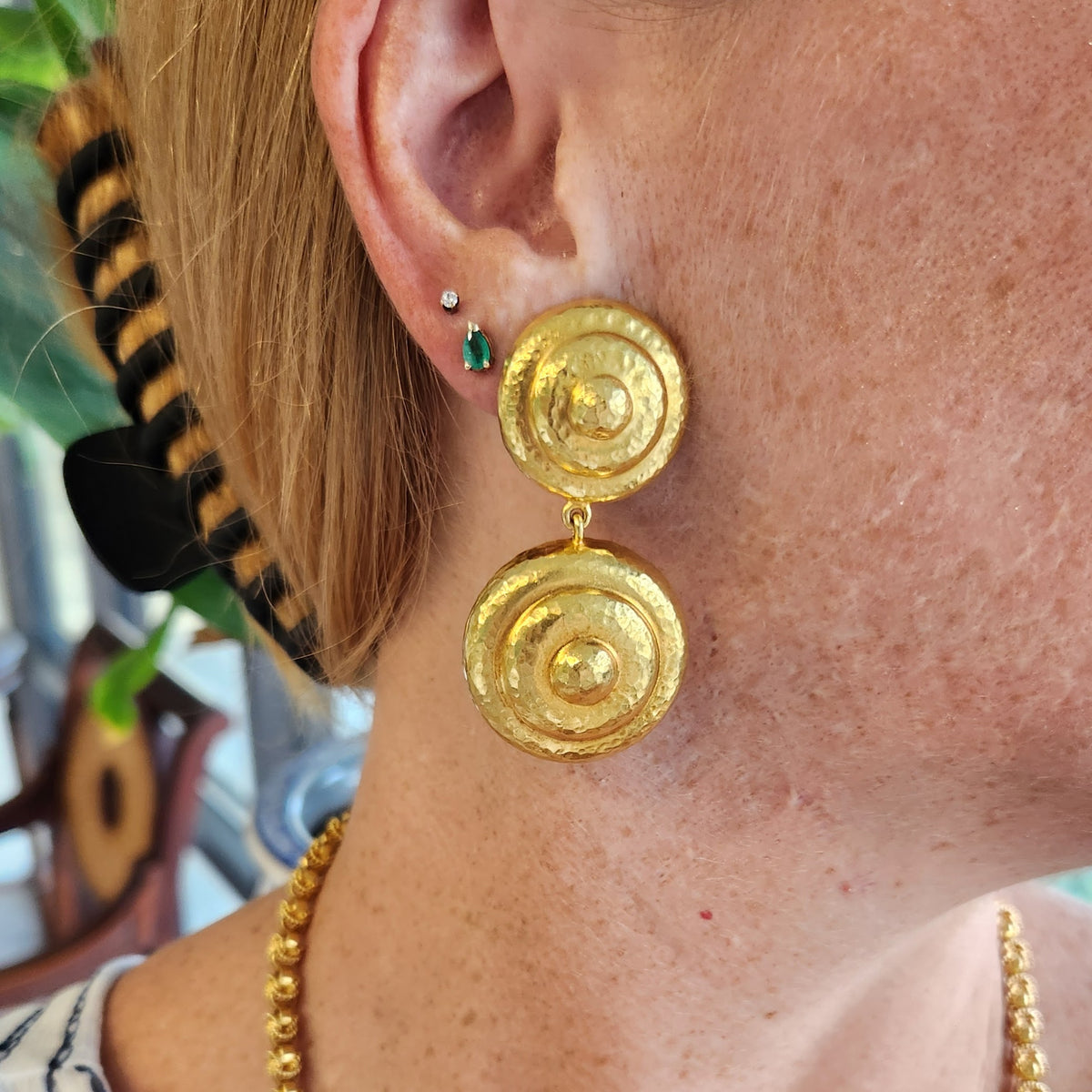 Vintage 22 Karat Yellow Gold Hammered Spiral Double Disk Earrings With