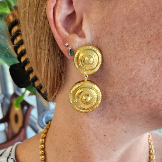 Vintage 22 Karat Yellow Gold Hammered Spiral Double Disk Earrings With