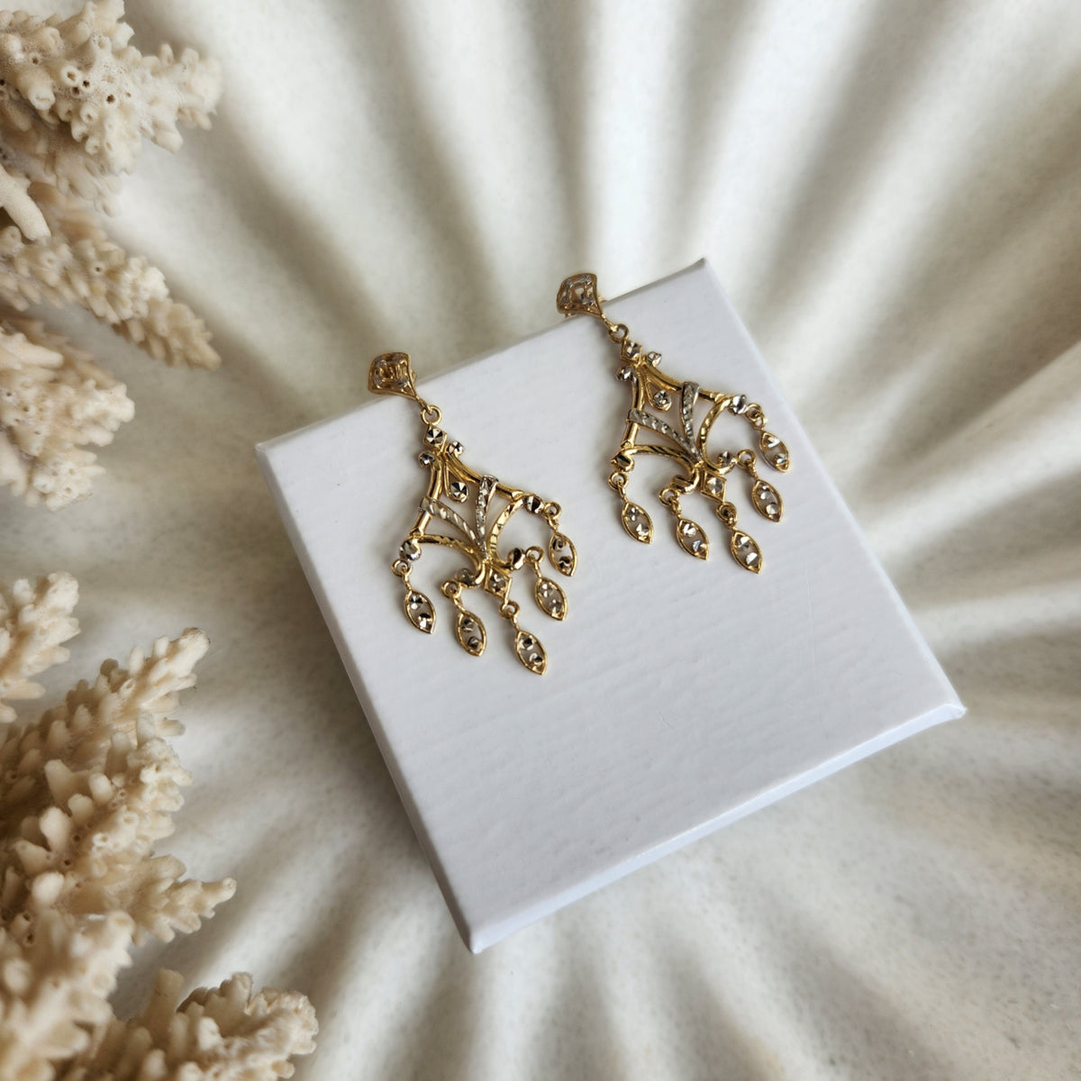 Vintage 14K Y&W Chandelier Earrings 
Two Tone Gold With White Accents