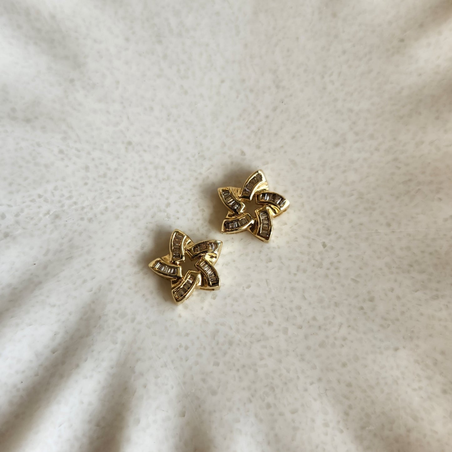 Vintage 14 Karat Yellow Gold Star Earring Jackets With Tapered Baguette Diamonds