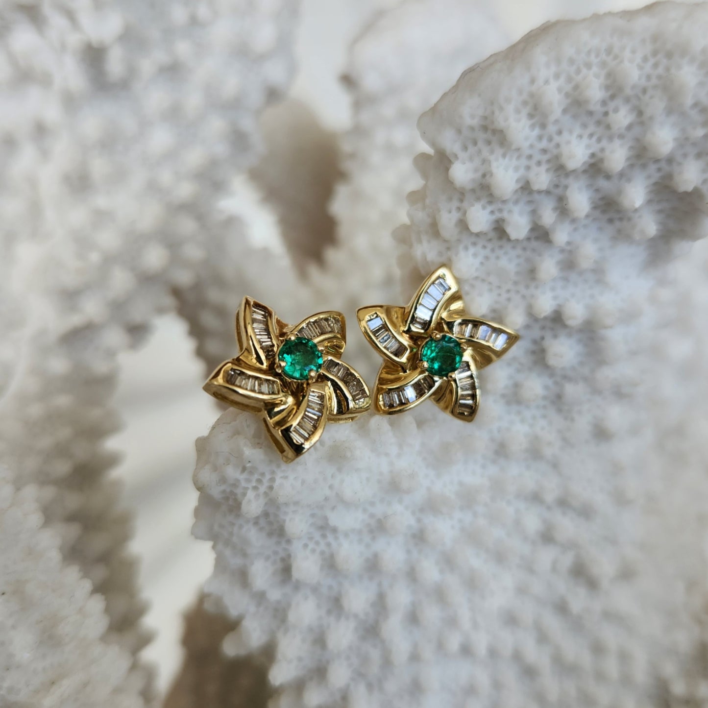 Vintage 14 Karat Yellow Gold Star Earring Jackets With Tapered Baguette Diamonds