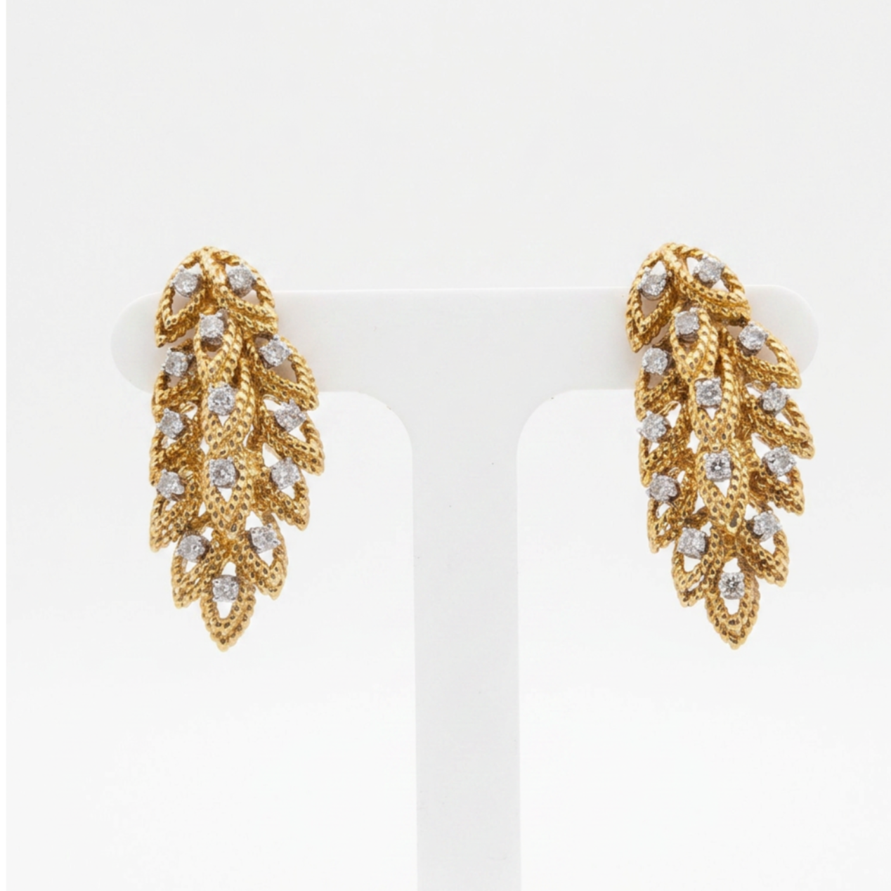 Vintage 18 Karat Yellow Gold  Textured Feather Drop Diamond Earrings