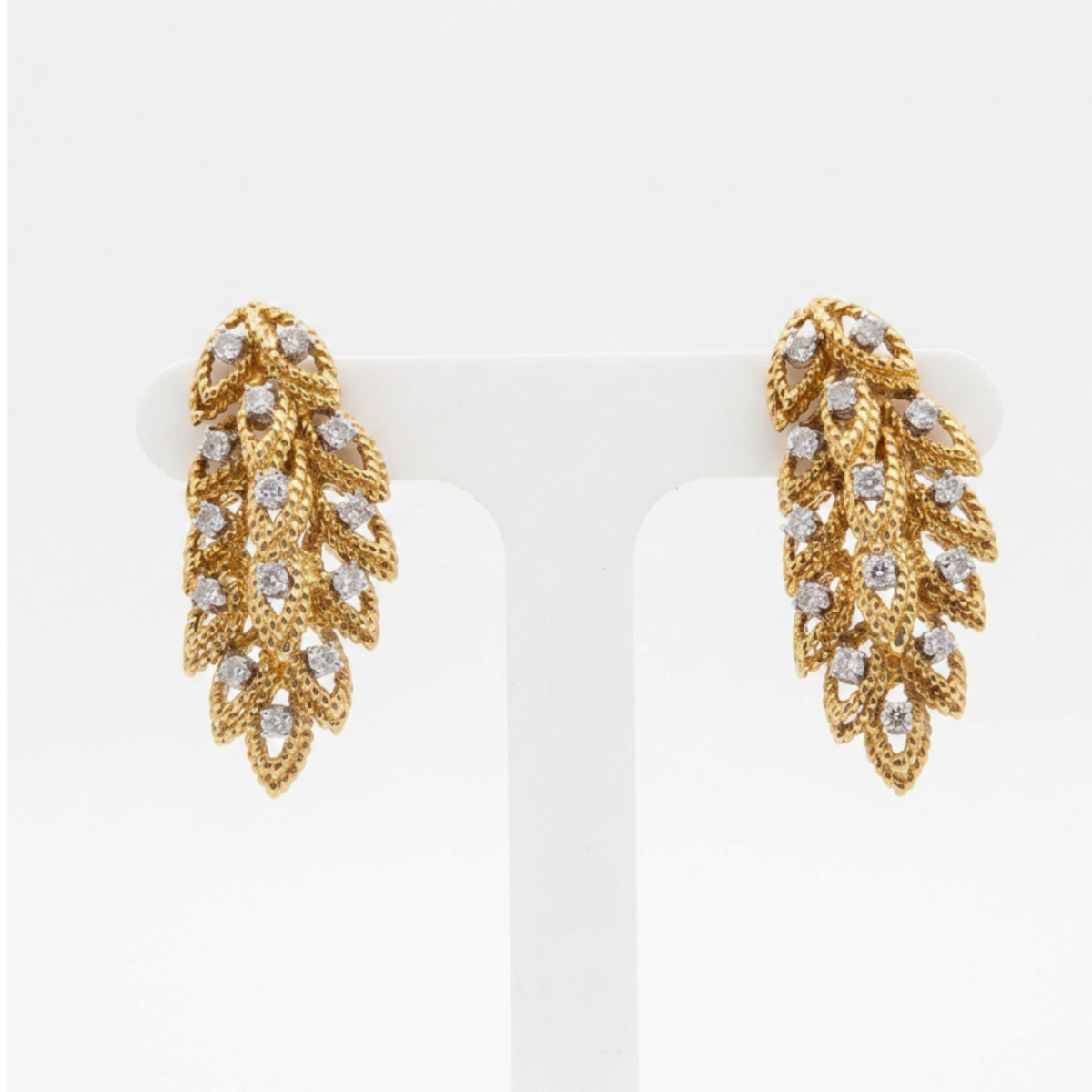 Vintage 18 Karat Yellow Gold  Textured Feather Drop Diamond Earrings