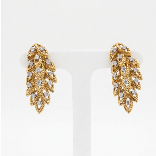 Vintage 18 Karat Yellow Gold  Textured Feather Drop Diamond Earrings