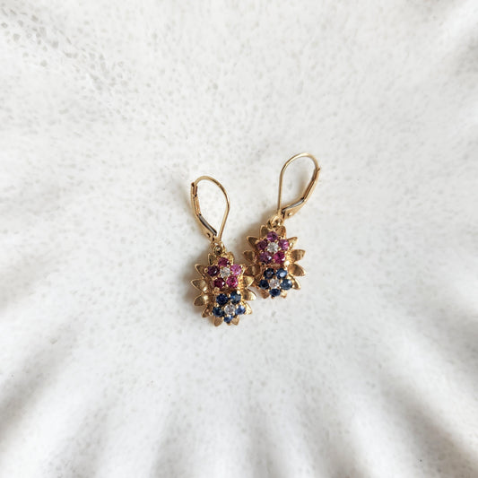 Vintage 14 Karat Yellow Gold Sapphire And Ruby Cluster Drop Earrings With Diamond Center stones