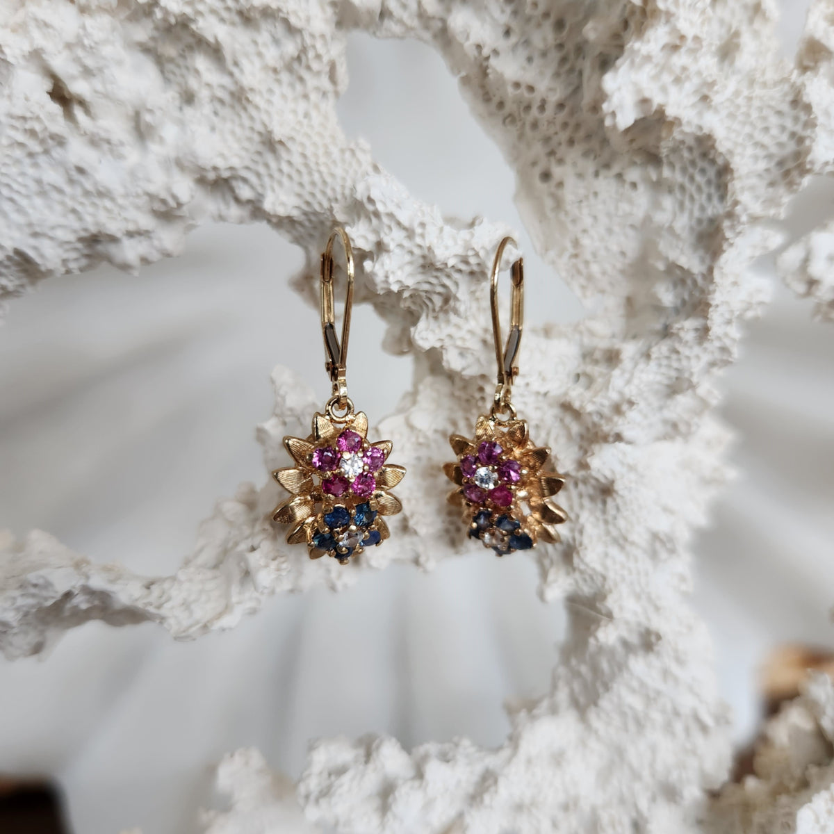 Vintage 14 Karat Yellow Gold Sapphire And Ruby Cluster Drop Earrings With Diamond Center stones
