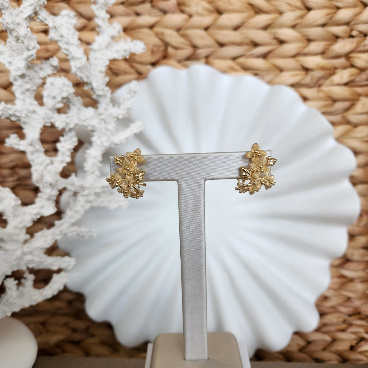 14 Karat Yellow Gold Textured Floral Cluster Earrings With Omaga Backs
