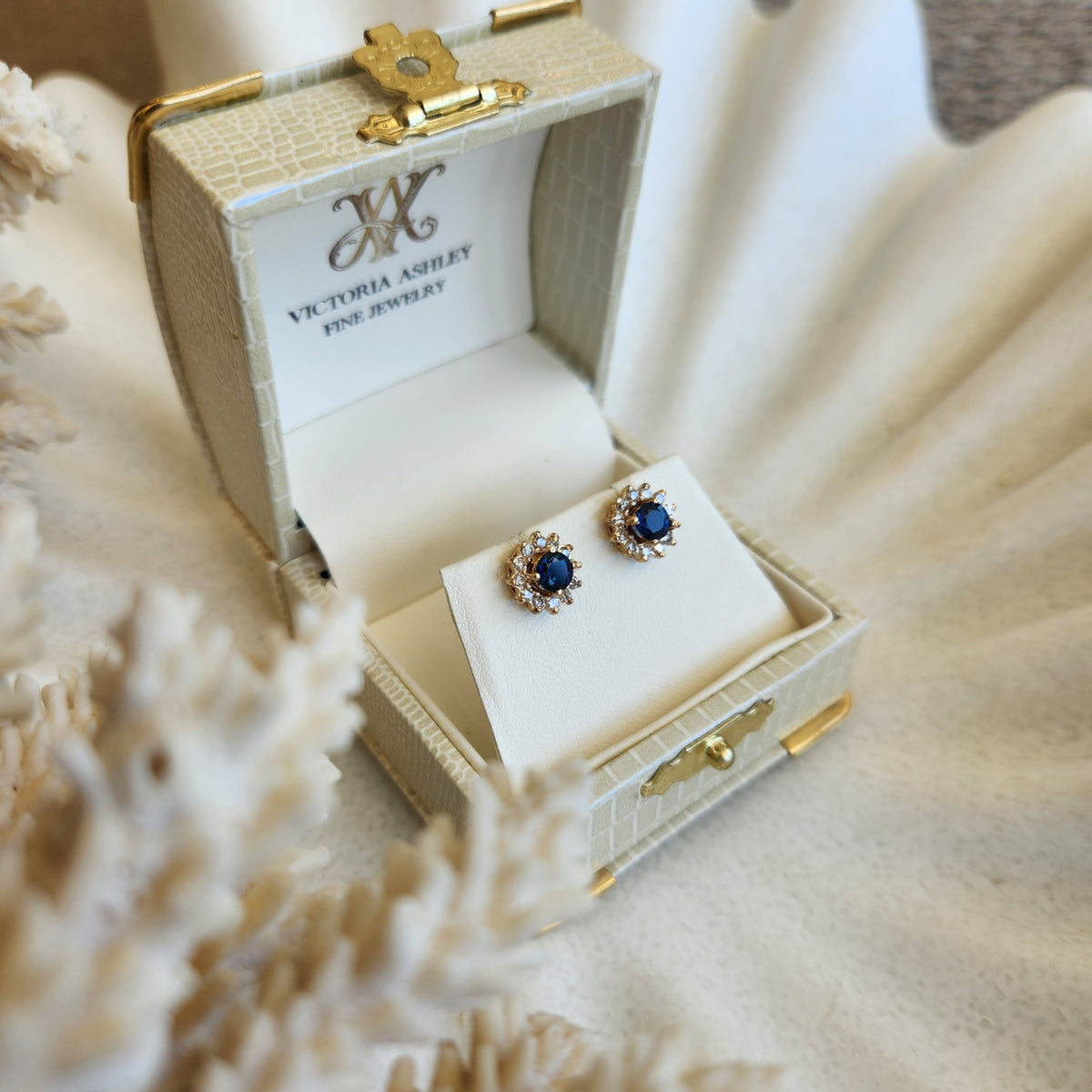 Vintage 14 Karat Yellow Gold Sapphire And Diamond Halo Earrings