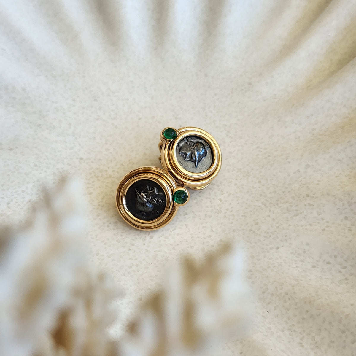 Vintage 18 Karat Yellow And White Gold Bvlgari Monete Ancient Coin And Cabochon Emerlad Clip Earrings