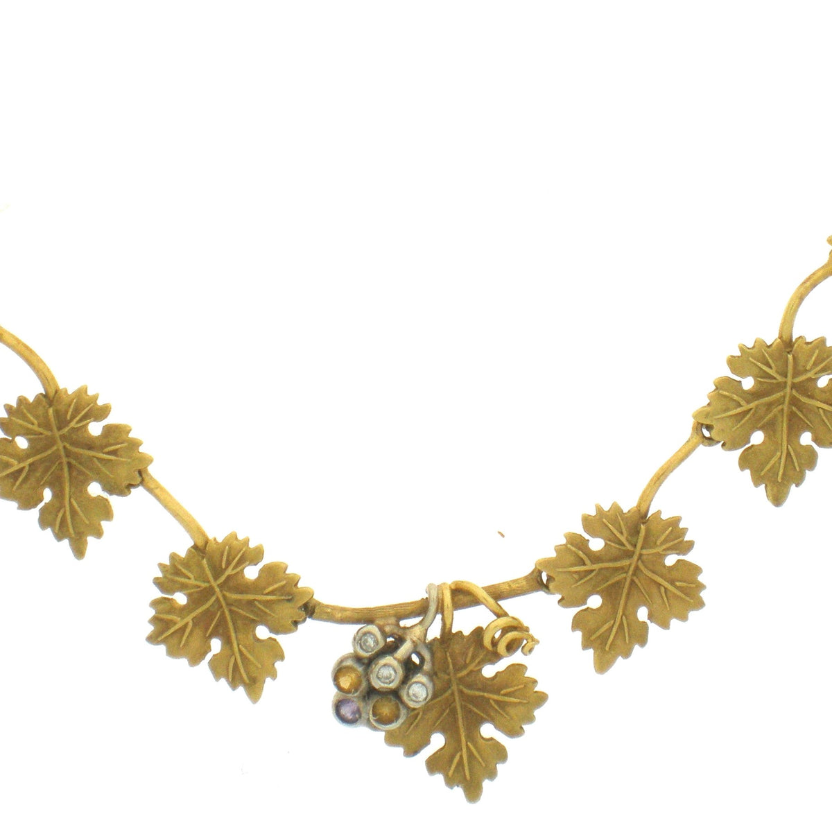 Vintage 18 Karat Yellow Gold Grape Leaf Design Necklace With Cluster Of Grapes Containing Diamonds, Citrine, And Amethyst, 15.75 -17"