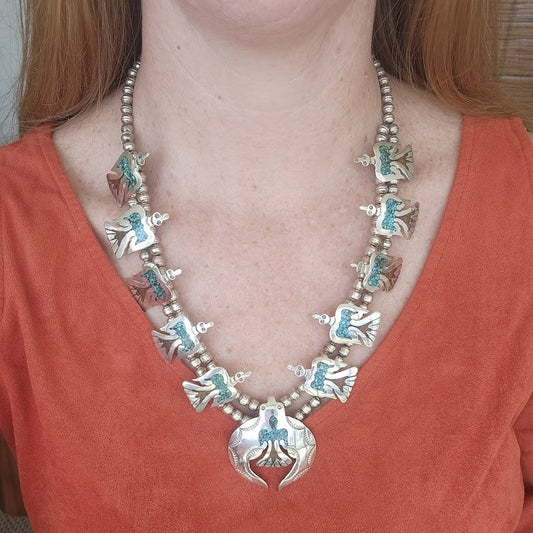 Vintage Handmade Sterling Silver Navajo Thunderbird Motif Squash Blossom Style Necklace Inlaid With Turquoise & Coral 22"