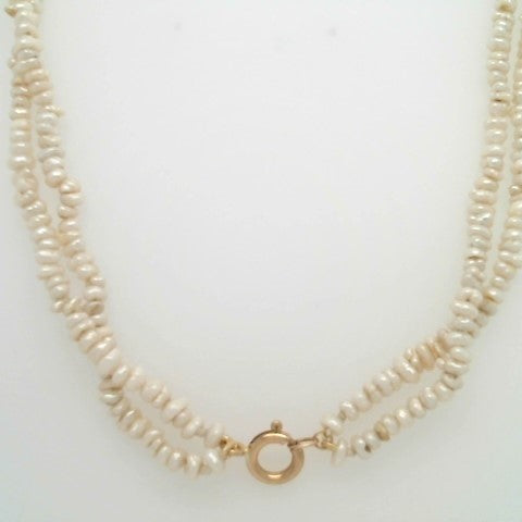 Vintage 14 Karat Yellow Gold Carved Shell Cameo And Double Strand Pearl Necklace 18"