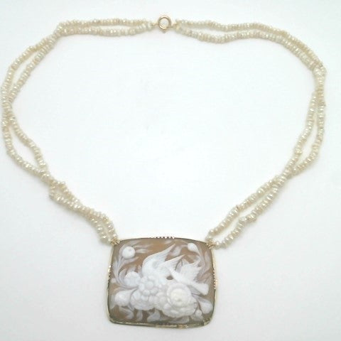 Vintage 14 Karat Yellow Gold Carved Shell Cameo And Double Strand Pearl Necklace 18"