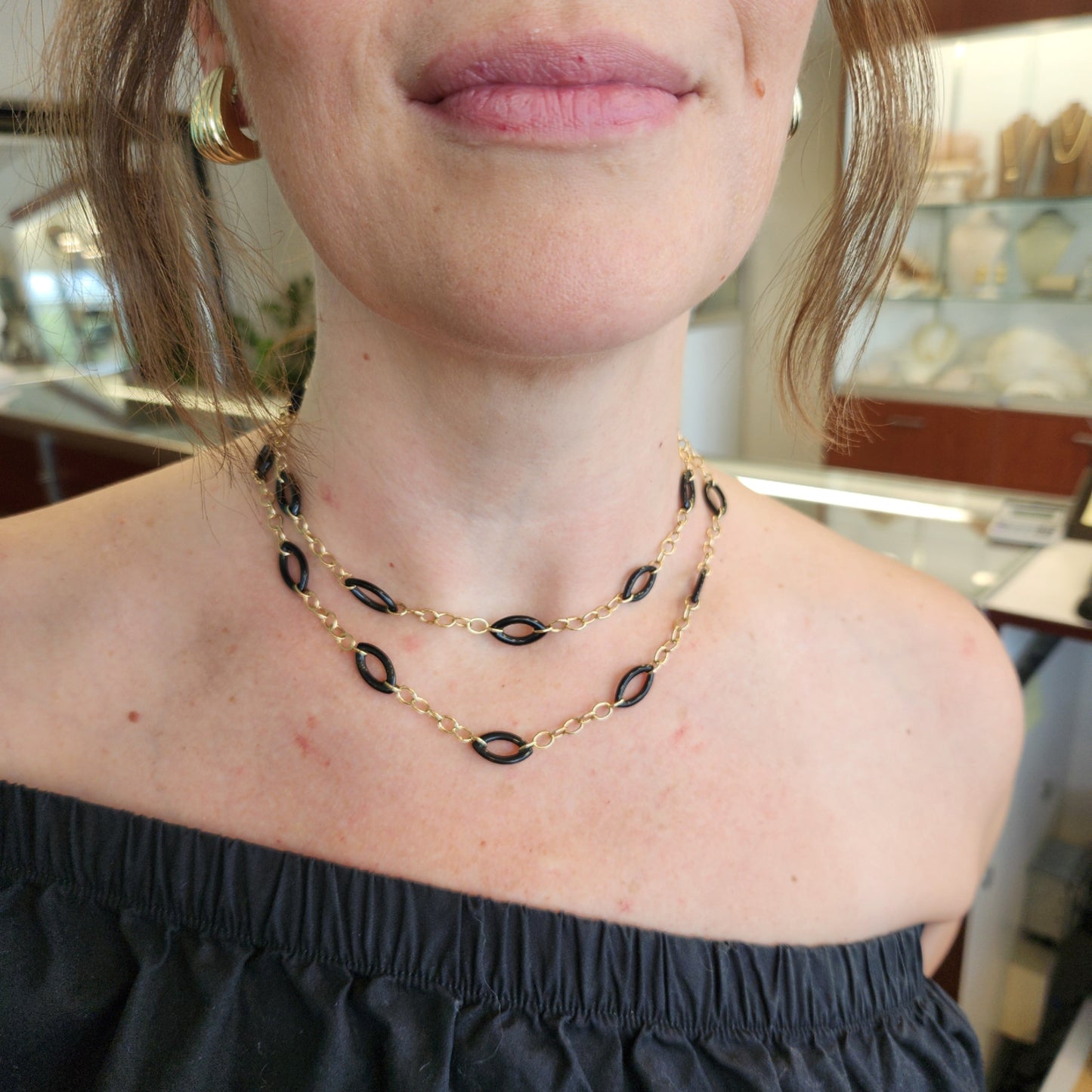 Vintage 14 Karat Yellow Gold Chain Necklace With 20 Open Marquise Shaped Black Onyx Link Stations 33.5"