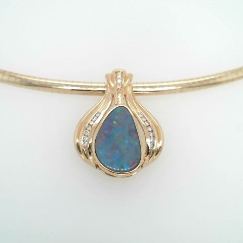 Vintage 14 Karat Yellow Gold Opal & Diamond Pendant