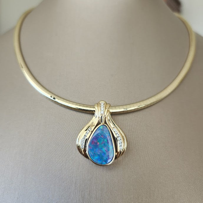 Vintage 14 Karat Yellow Gold Opal & Diamond Pendant
