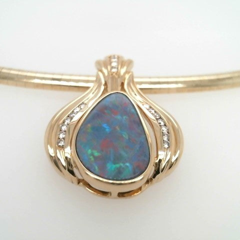 Vintage 14 Karat Yellow Gold Opal & Diamond Pendant