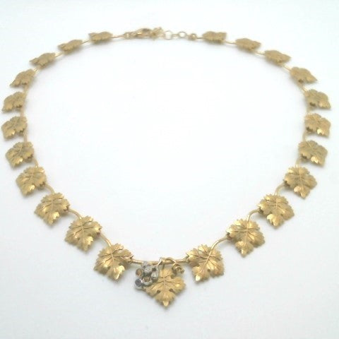 Vintage 18 Karat Yellow Gold Grape Leaf Design Necklace With Cluster Of Grapes Containing Diamonds, Citrine, And Amethyst, 15.75 -17"