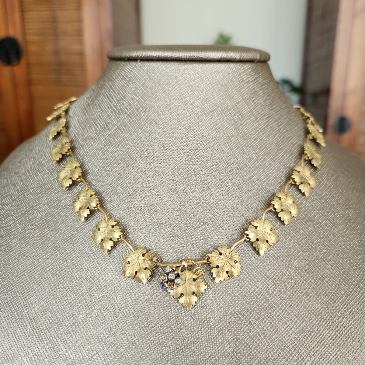 Vintage 18 Karat Yellow Gold Grape Leaf Design Necklace With Cluster Of Grapes Containing Diamonds, Citrine, And Amethyst, 15.75 -17"