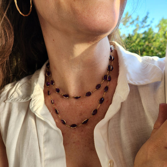 Vintage 14 Karat Yellow Gold Amethyst "By The Yard" Style Station Necklace, 18"
