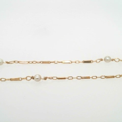 Vintage 14 Karat Yellow Gold Fancy Link & Pearl Station Chain Necklace, 24"