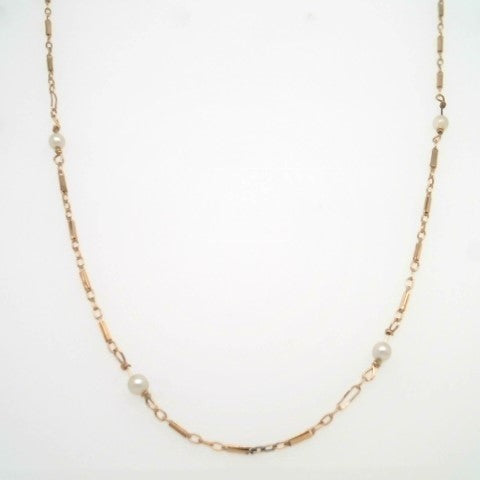 Vintage 14 Karat Yellow Gold Fancy Link & Pearl Station Chain Necklace, 24"