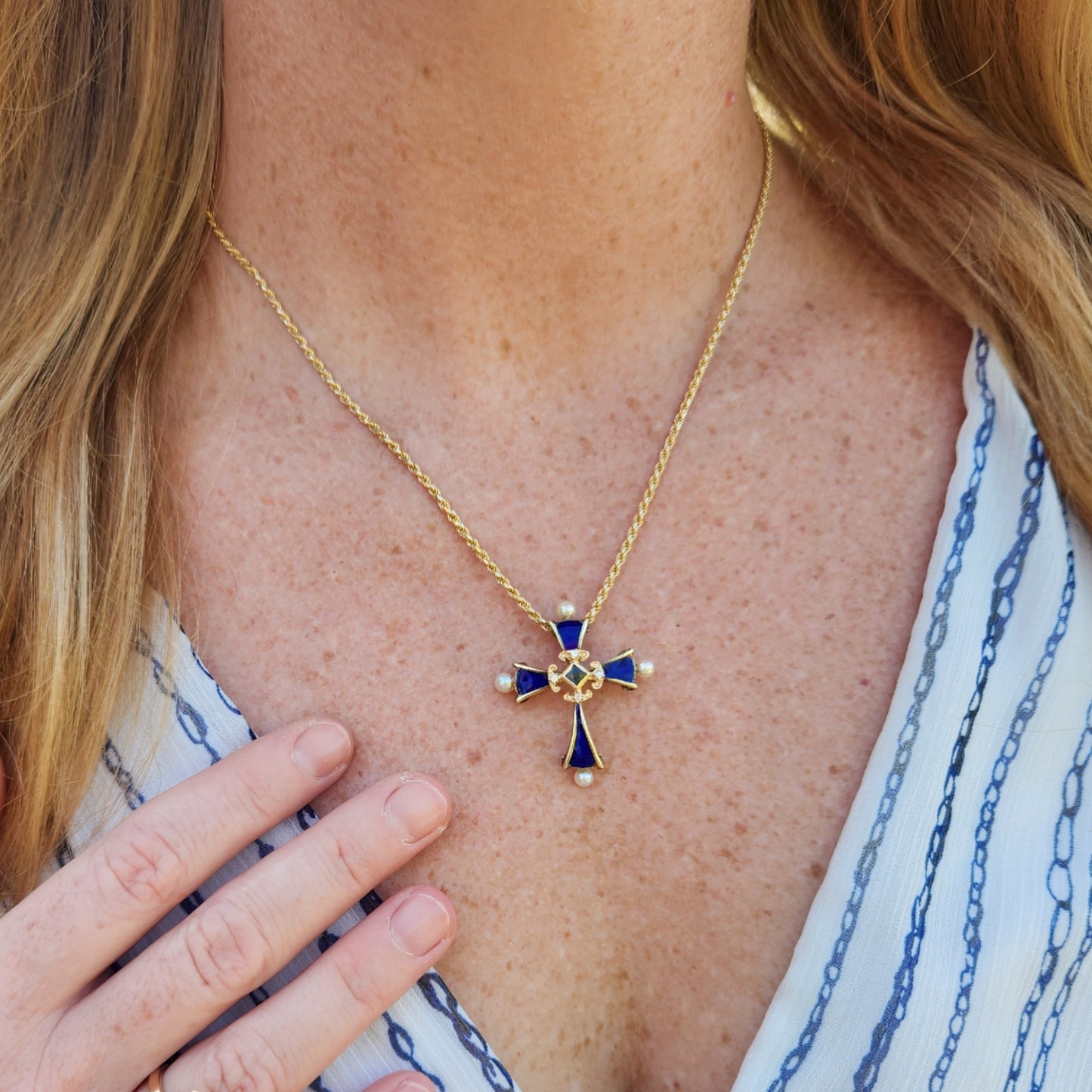 Vintage 14 Karat Yellow Gold Blue Enamel, Sapphire, Diamond & Pearl Cross Pendant