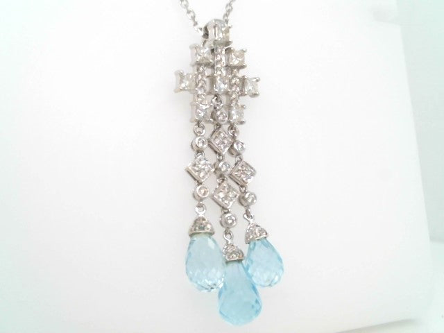 Vintage 14 Kart White Gold Blue Topaz Briolette & Diamond Necklace, 16"