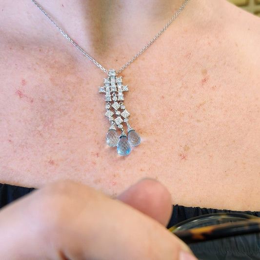 Vintage 14 Kart White Gold Blue Topaz Briolette & Diamond Necklace, 16"