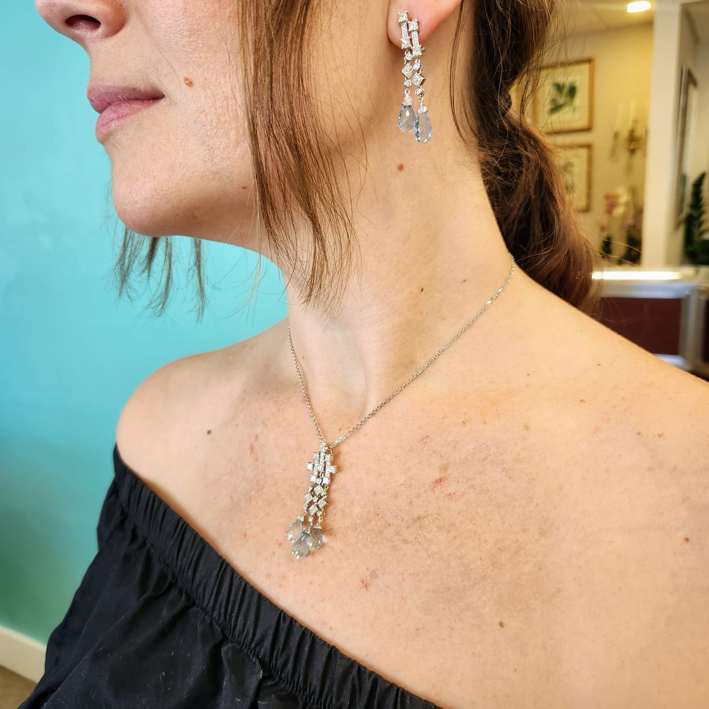 Vintage 14 Kart White Gold Blue Topaz Briolette & Diamond Necklace, 16"