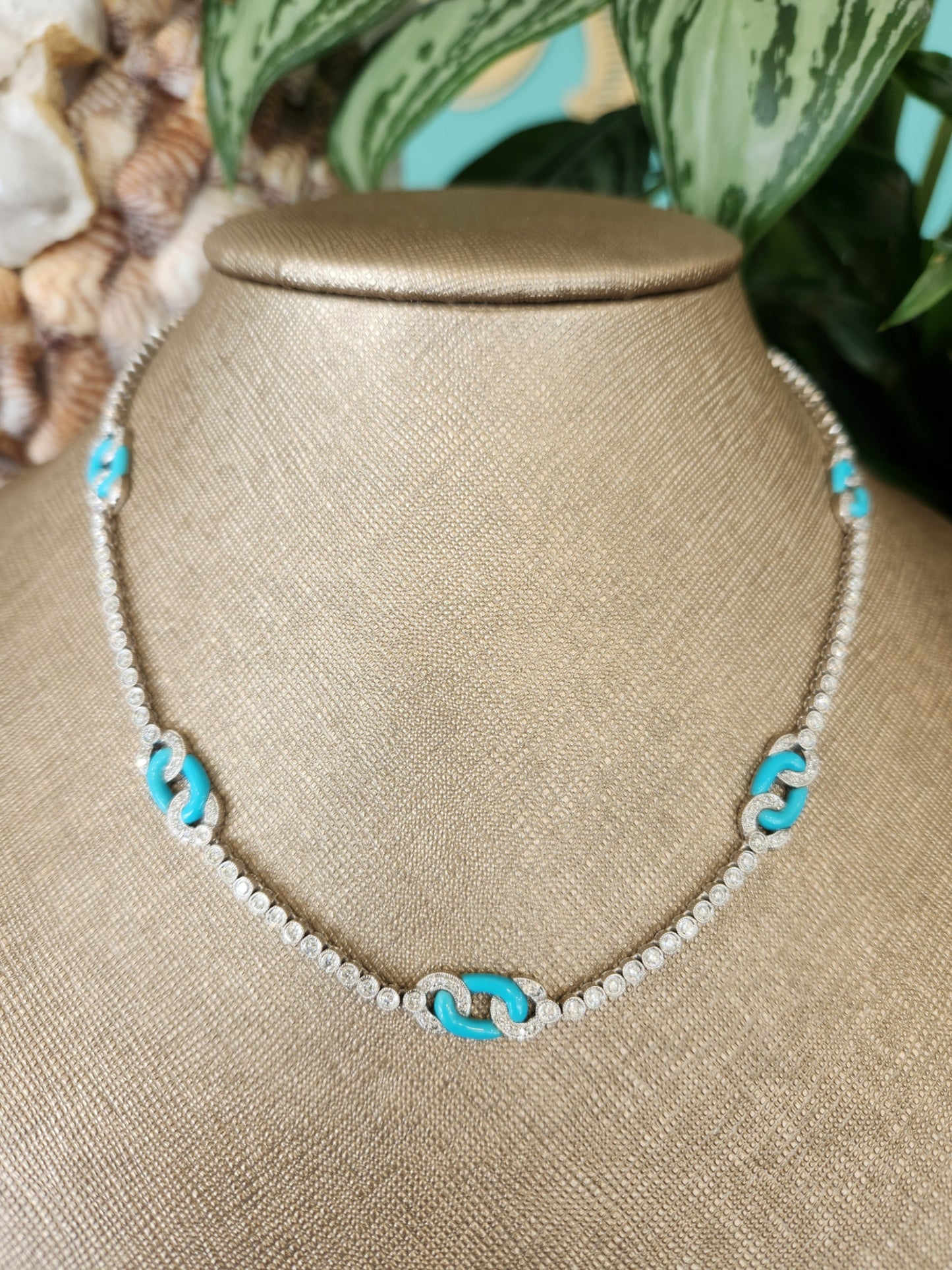 Vintage 18 Karat White Gold Turquoise And Diamond Tennis Necklace, 18"