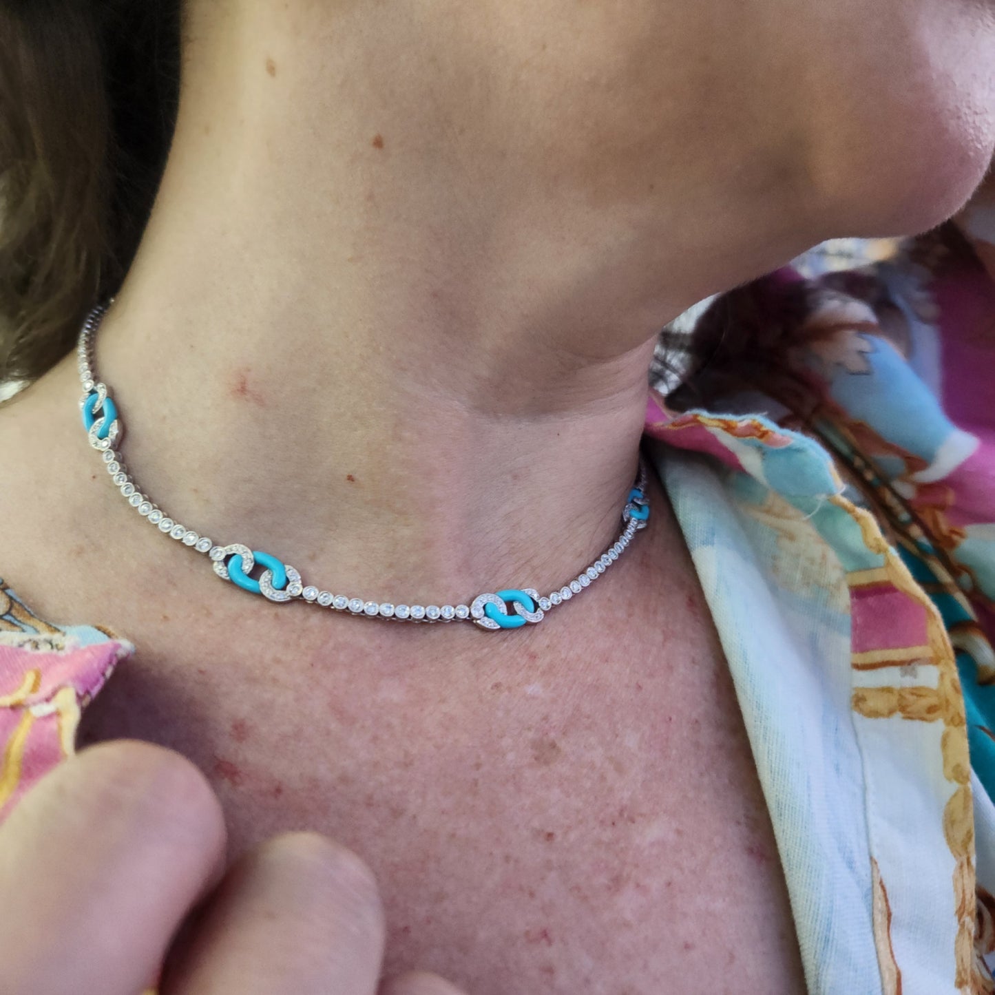 Vintage 18 Karat White Gold Turquoise And Diamond Tennis Necklace, 18"