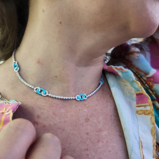 Vintage 18 Karat White Gold Turquoise And Diamond Tennis Necklace, 18"