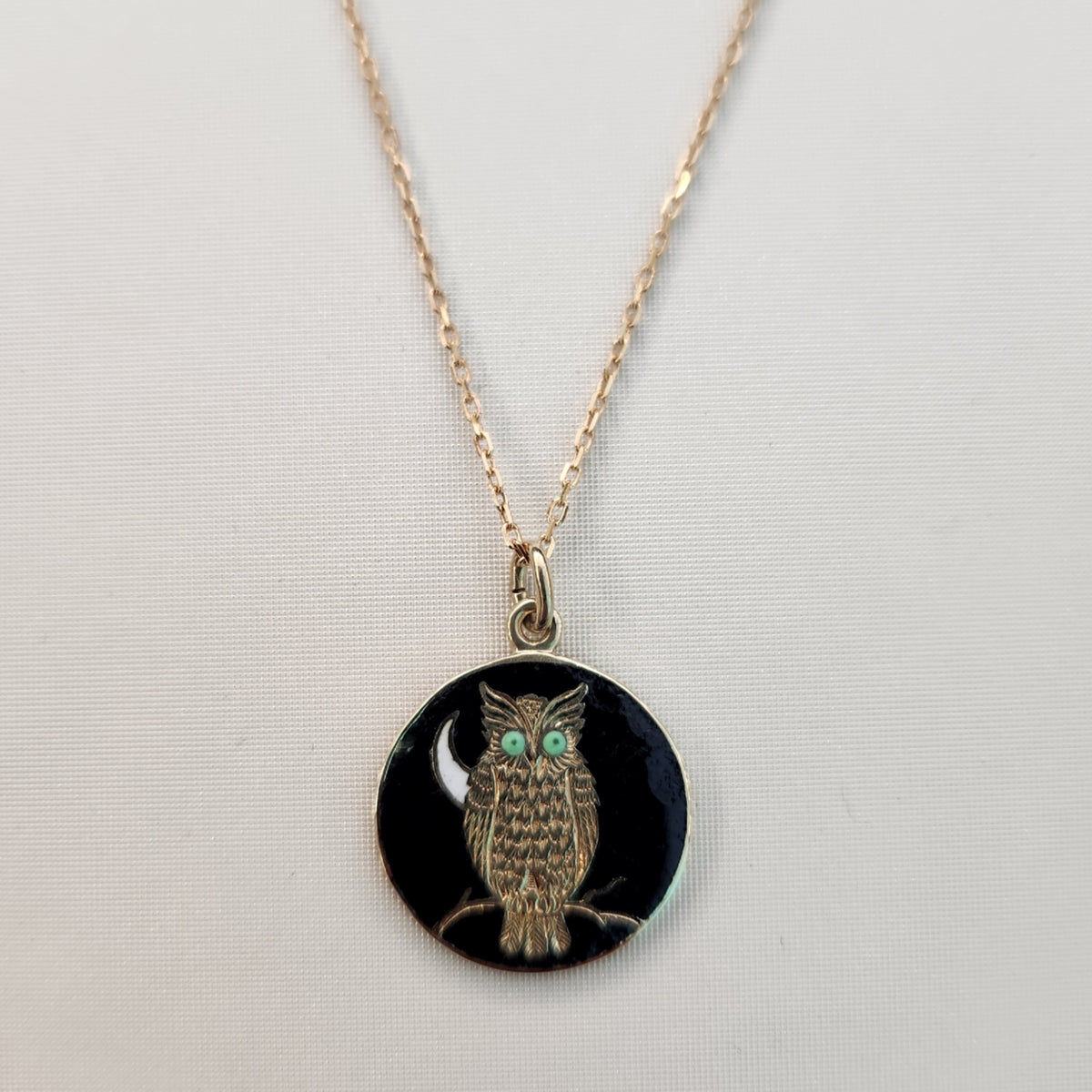 Vintage 14 Karat Yellow Gold 15 Mm French Black Enamel Owl Charm
