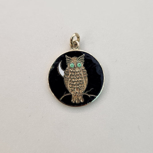 Vintage 14 Karat Yellow Gold 15 Mm French Black Enamel Owl Charm