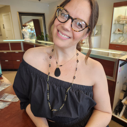 Antique Victorian 14 Karat Yellow Gold Black Onyx & Seed Pearl Necklace, 18"