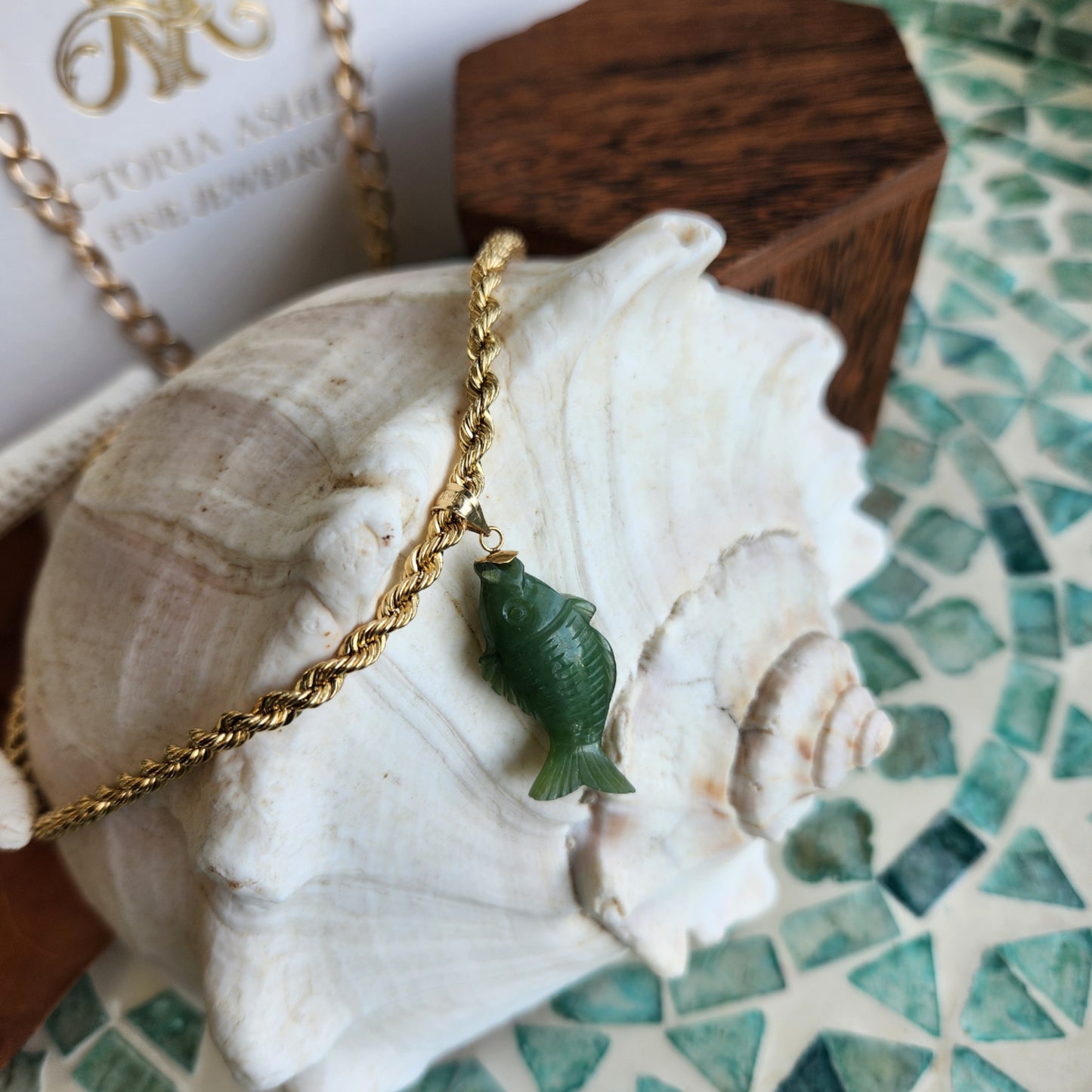 Nephrite Green Jade Fish Pendant With 14 Karat Yellow Gold Bail