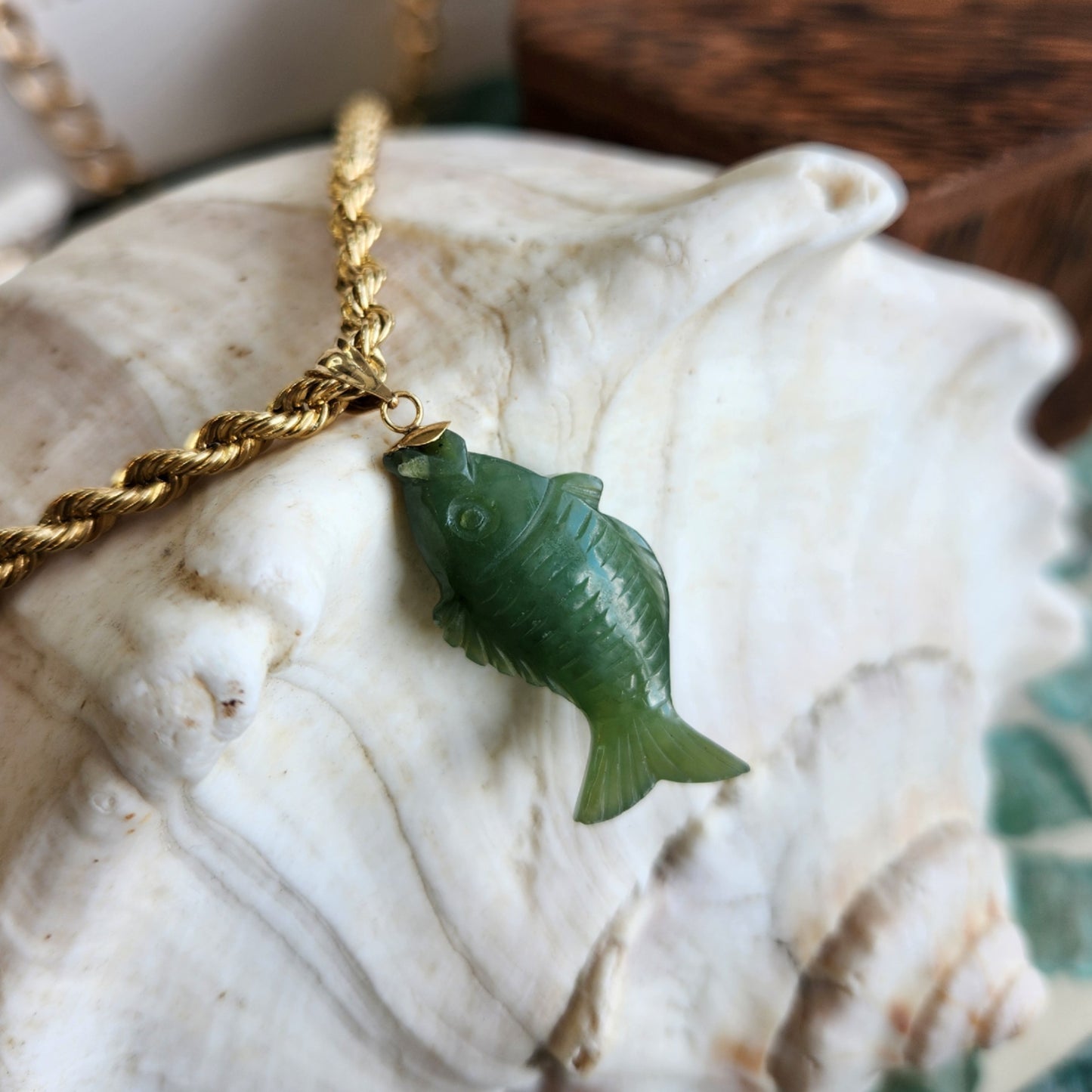 Nephrite Green Jade Fish Pendant With 14 Karat Yellow Gold Bail