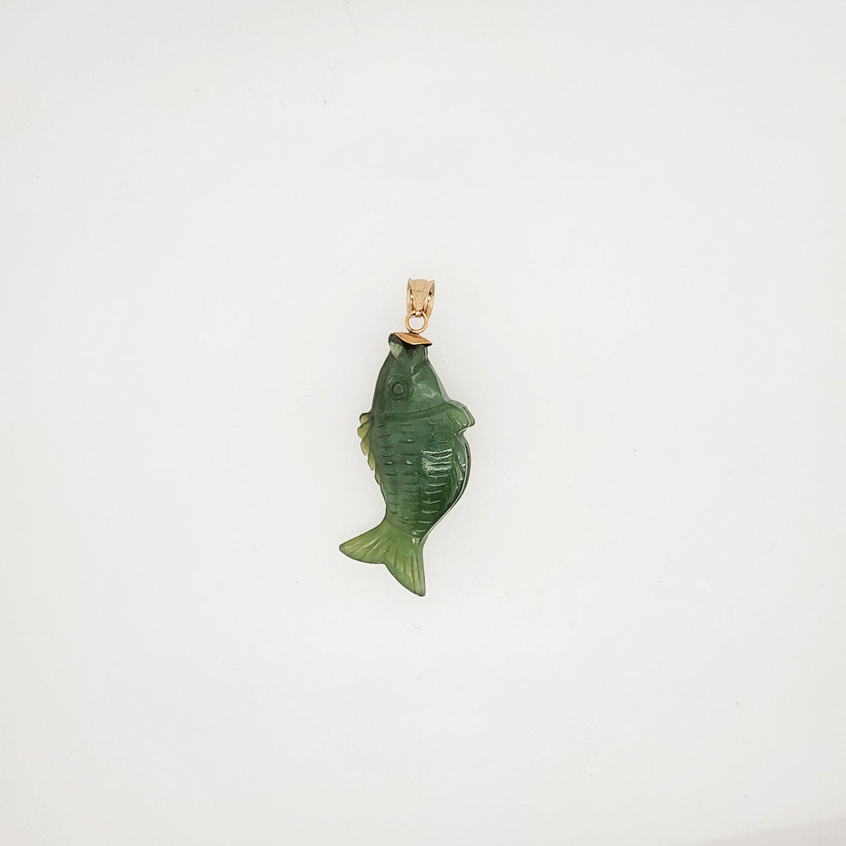 Nephrite Green Jade Fish Pendant With 14 Karat Yellow Gold Bail