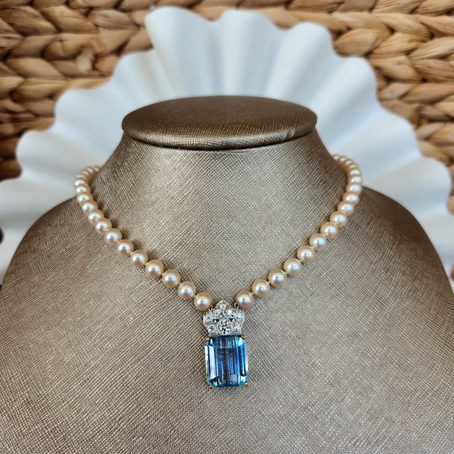 Vintage 14 Karat Gold & Platinum Pearl Necklace With Diamond Crown Accented Blue Topaz Centerpiece, 18"