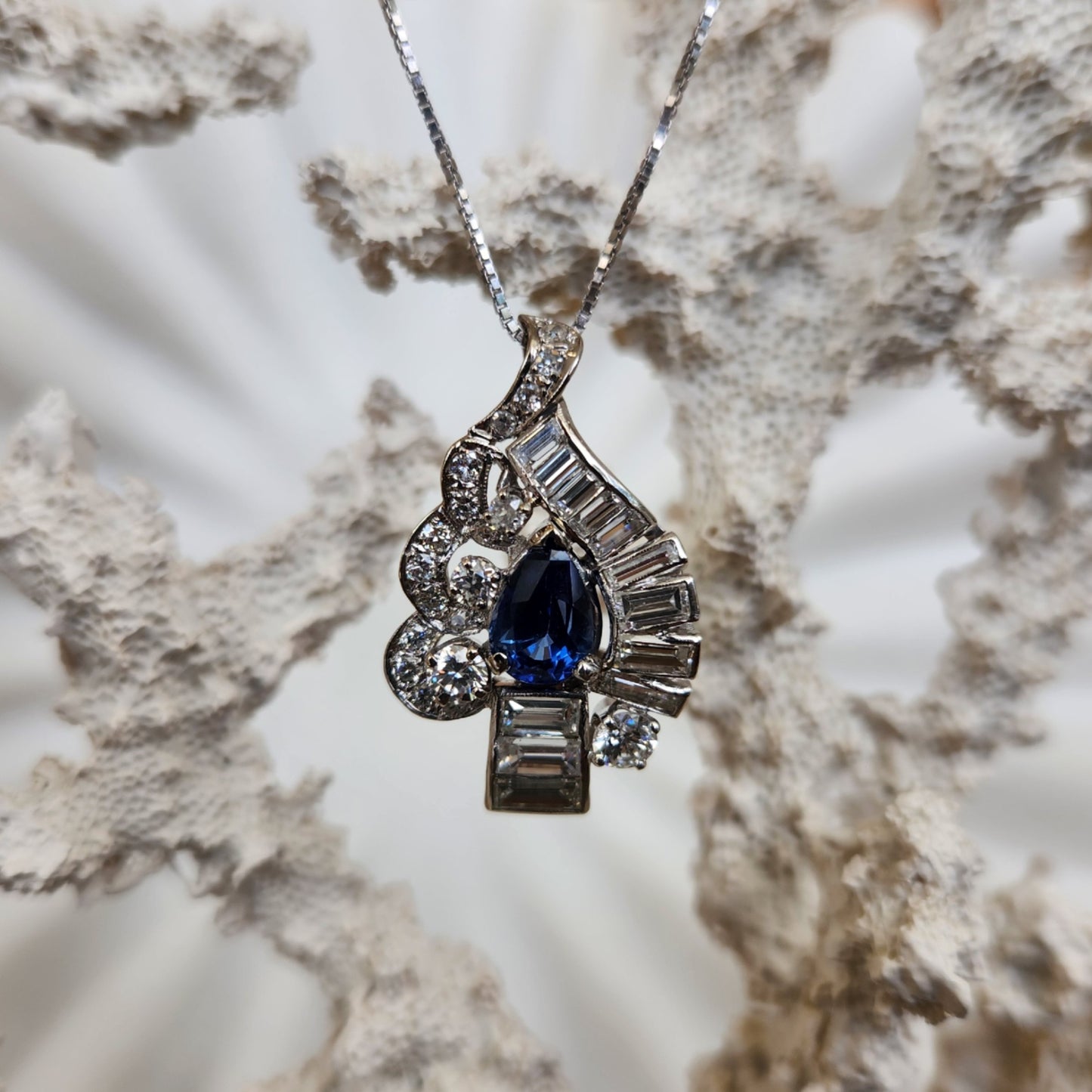Vintage 14 Karat White Gold Sapphire And Diamond Pendant