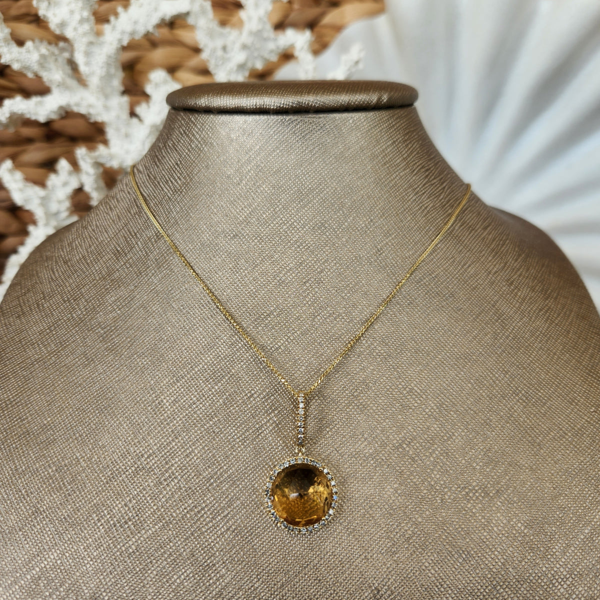 Vintage 14 Karat Yellow Gold Citrine & Diamond Halo Style Pendant