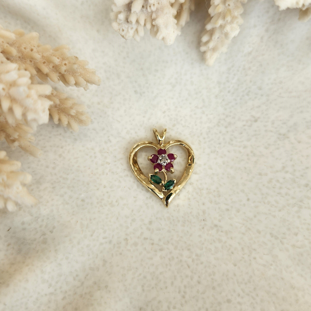 Vintage 10 Karat Yellow Gold Multi-Stone Floral Heart Pendant