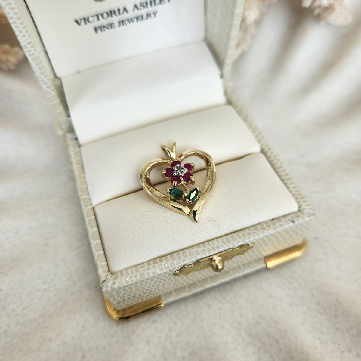 Vintage 10 Karat Yellow Gold Multi-Stone Floral Heart Pendant