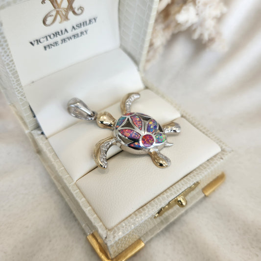 Vintage Sterling Silver And Inlaid Synthetic Opal Turtle Pendant