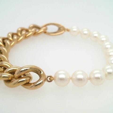 Vintage 18 Karat Yellow Gold 10 Mm Wide Curb Chain & Pearl Bracelet, 7"