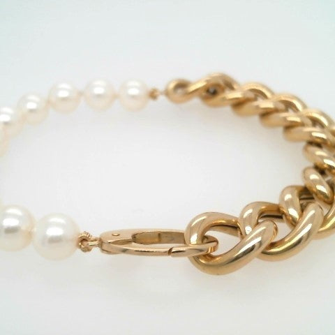Vintage 18 Karat Yellow Gold 10 Mm Wide Curb Chain & Pearl Bracelet, 7"